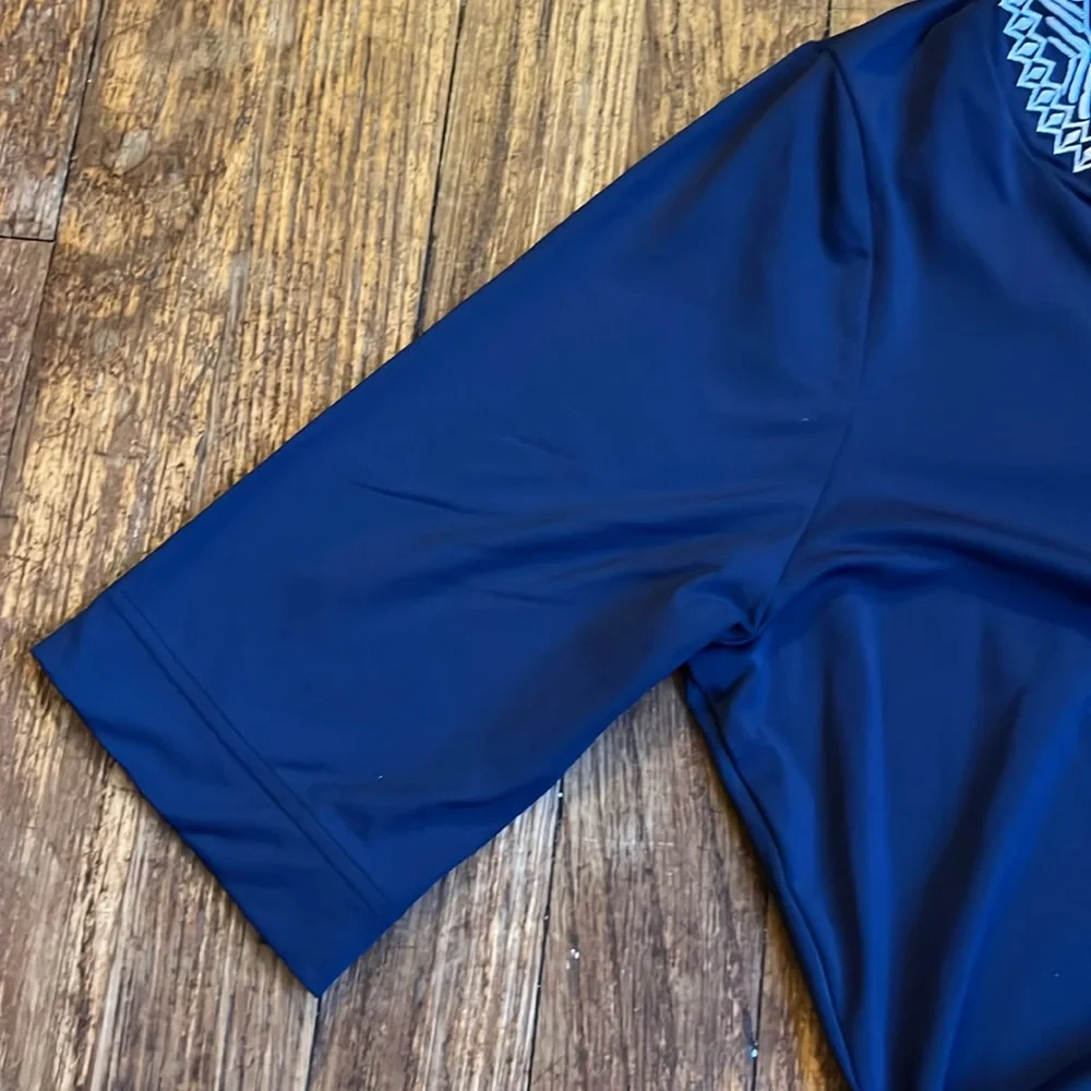 Lands End rashguard swim top dark blue white appliqué S preppy vacation beach